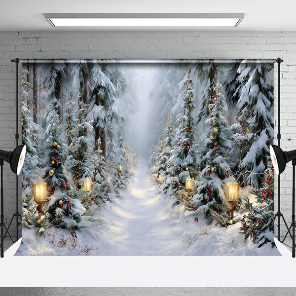 Aperturee Winter Forest Path Christmas Backdrop Street Lamp Snow Tree Photography Background Magical Wonderland Holiday Party Decoration