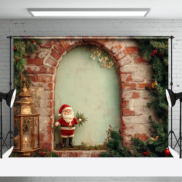 Aperturee Rustic Brick Wall Christmas Backdrop Santa Figurine Arch Photography Background Vintage Lantern Holiday Party Prop