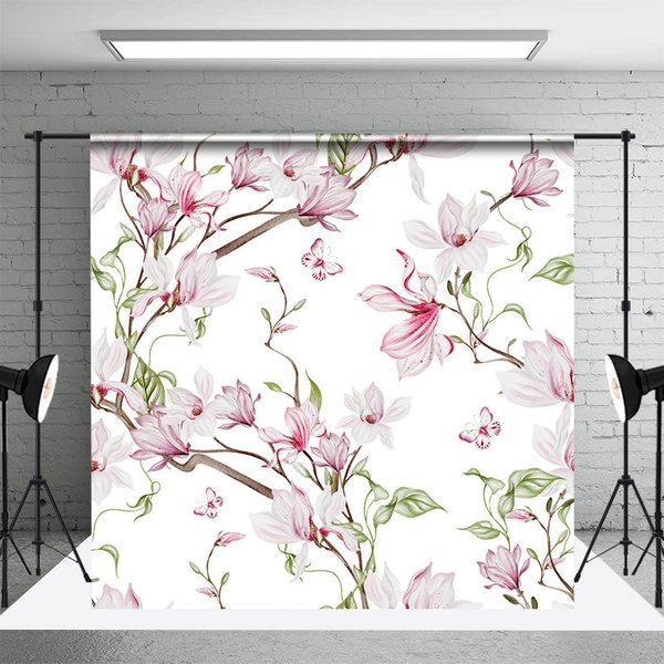 Aperturee Elegant White Pink Floral Leaves Photography Backdrop, 3X2FT(1MX0.6M), 14 USD, floral backdrops, DCHD6K11-M