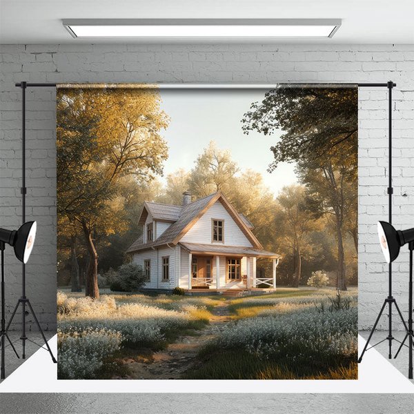 Aperturee White Cabin In Forest Spring Photography Backdrop, 3X2FT(1MX0.6M), 14 USD, spring backdrops, DCHD9K72-M
