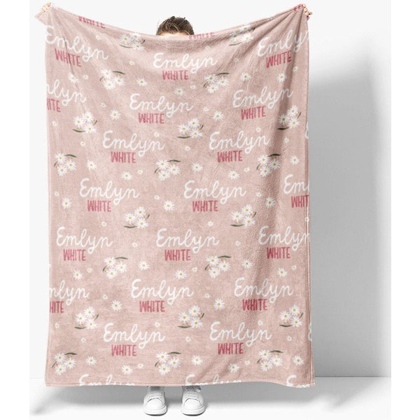Aperturee Personalized Daisy Floral Blanket with Custom Name, Pink Wildflower Theme for Girls, Nursery Baby Shower Gift