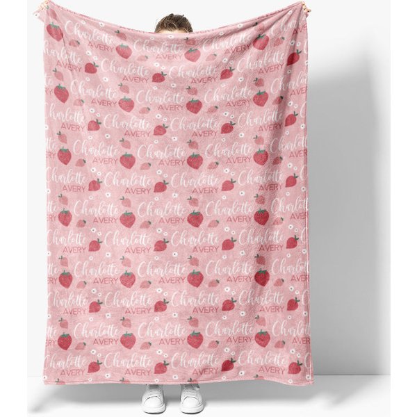 Aperturee Personalized Baby Blanket for Girl, Custom Pink Strawberry Fruit Pattern, Sweet Summer Nursery Decor