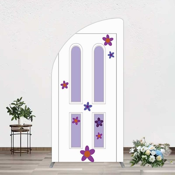 Aperturee Purple Floral Decor Door Birthday Half Moon Arch Backdrop, 1.6x4ft (50x120cm), 98.18 USD, arch backdrop kit, DMGD1Y09YL-AJ