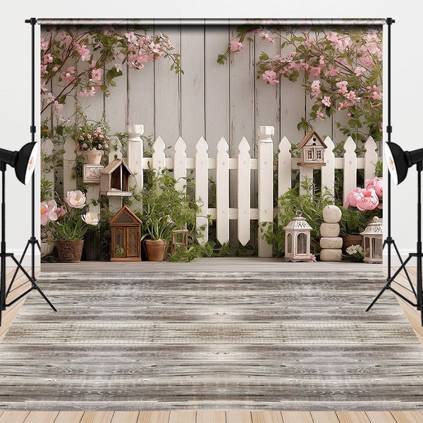 Aperturee Wooden Wall Floor Floral Fence Combo Set Backdrop, 7 x 5 ft / 7 x 5 ft, 97.4 USD, combo set backdrops, DMHD6Y20-D, MATWHHD1Z34-D
