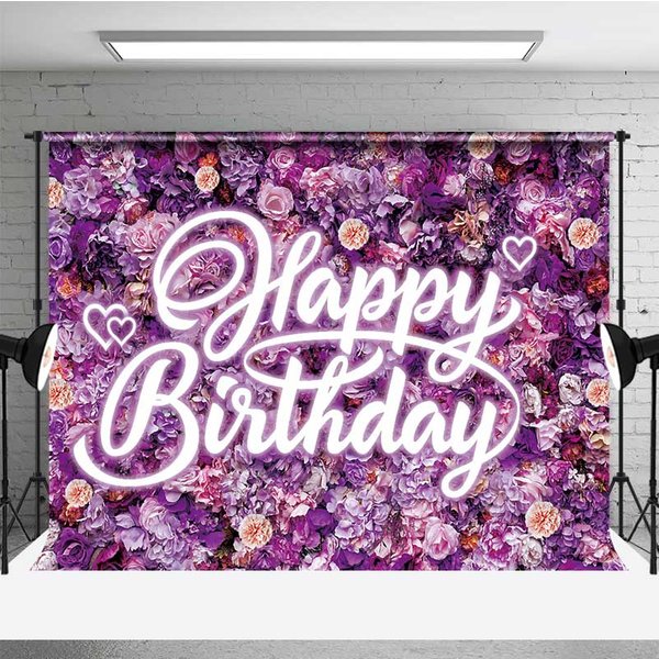 Aperturee Purple Floral Wall Happy Birthday Backdrop Neon Photo Background