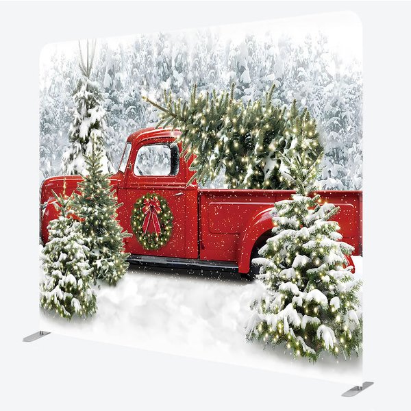Aperturee Christmas Red Truck Tension Fabric Backdrop, Snowy Forest Tree Decor, High Resolution Winter Scene Background for Portrait