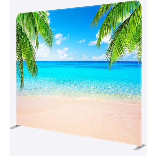Aperturee Tropical Beach Tension Fabric Backdrop, Summer Ocean with Blue Sky and Palm Trees, Paradise Island Photo Prop, 6x6ft (WxH)