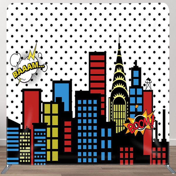 Aperturee Colorful City Buildings Party Square Tension Backdrop, 6 x 6 ft (1.8 x 1.8 m), 111 USD, square double-sided backdrops, DSZH0F047-F