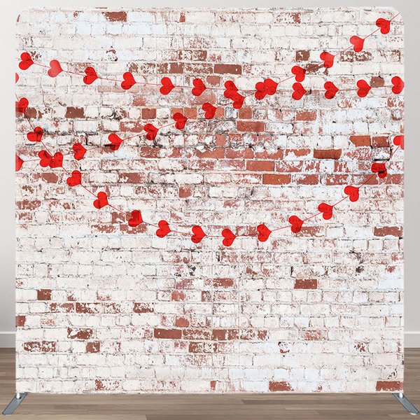 Aperturee White Red Bricks Wall Hearts Pillow Case Backdrop, 6X6FT(1.8X1.8M), 111 USD, square double-sided backdrops, DSZH0G833-F