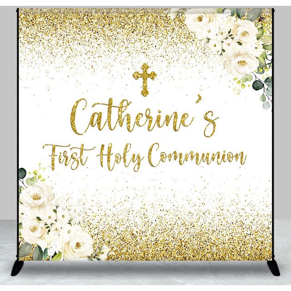 Aperturee Gold Glitter First Holy Communion Custom Name Backdrop, 3X3FT(1X1M), 15 USD, custom baptism backdrops, DZAH0B006-O