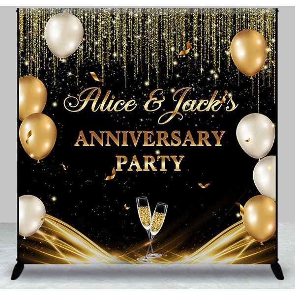 Aperturee Black Gold Balloons Custom Name Anniversary Backdrop, 3X3FT(1X1M), 15 USD, custom anniversary backdrops, DZAH0F282-O