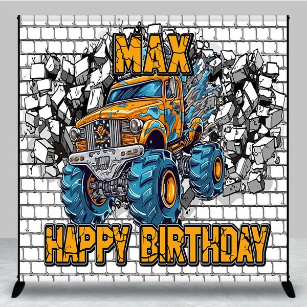 Aperturee Cartoon Car White Brick Custom Birthday Backdrop, 3X3FT(1X1M), 15 USD, custom birthday backdrops, DZAH0F983-O
