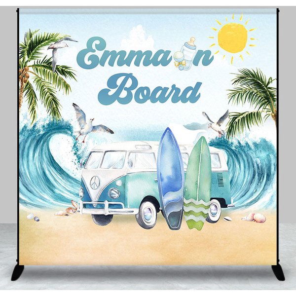 Aperturee Sand Beach Surfboard Custom Name Baby Shower Backdrop, 3X3FT(1X1M), 15 USD, custom baby shower backdrops, DZAH0G350-O
