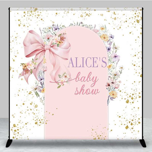 Aperturee Custom Baby Shower Arch Backdrop, Pink Bow and Wildflower Wreath, Boho Floral Garden Party Welcome Sign Decor, 3X3FT(1X1M), 15
