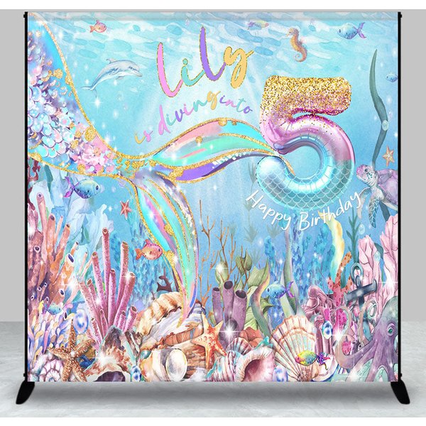 Aperturee Color Undersea Mermaid Custom 5th Birthday Backdrop, 3X3FT(1X1M), 15 USD, custom birthday backdrops, DZAHF657A-O