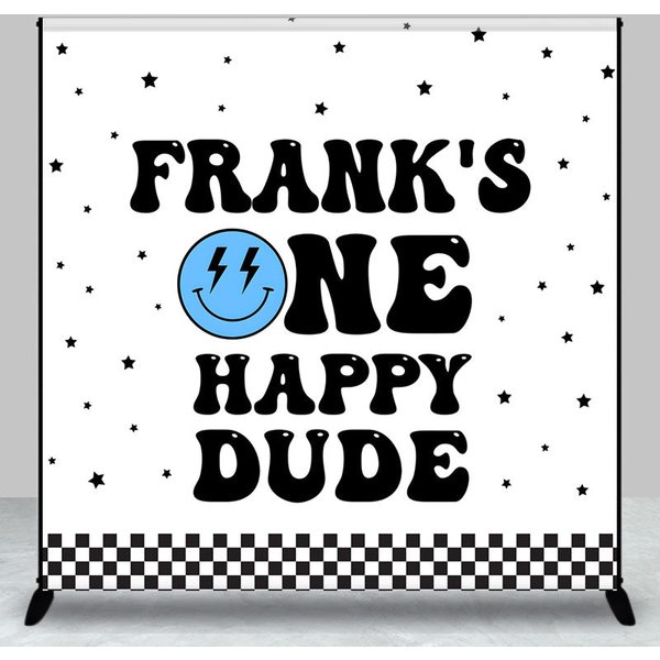 Aperturee Personalized One Happy Dude First Birthday Backdrop, Groovy Retro Smiley Face, Custom Name Party for Boy, 3x3ft (WxH)