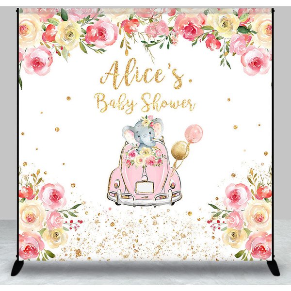 Aperturee Floral Car Elephant Custom Name Baby Shower Backdrop, 3X3FT(1X1M), 15 USD, custom baby shower backdrops, DZHJ07086-O