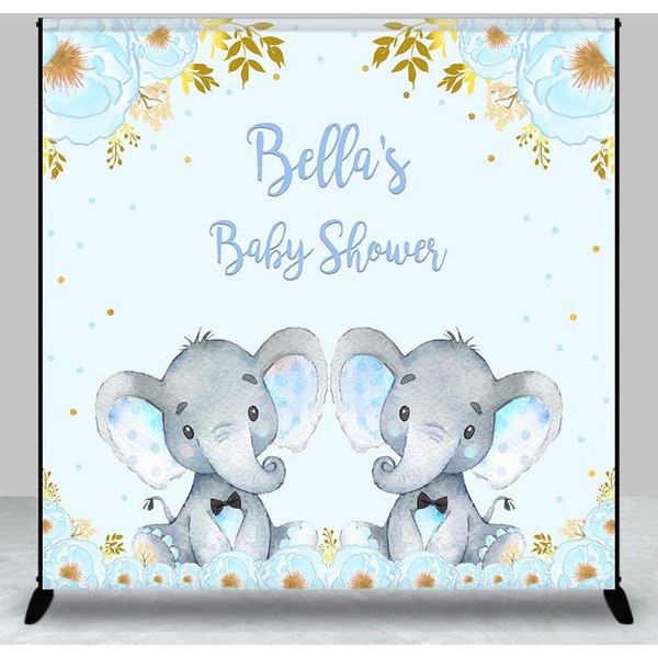 Aperturee Custom Floral Elephant Twins Baby Shower Backdrop, 3X3FT(1X1M), 15 USD, custom baby shower backdrops, DZHJ07141-O
