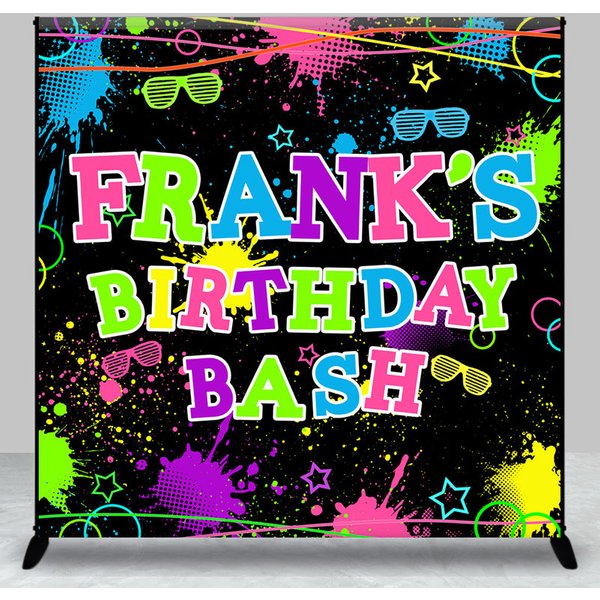 Aperturee Personalized Neon Glow Birthday Bash Backdrop, 80s 90s Paint Splatter Theme, Custom Name Blacklight Party, 3x3ft (WxH)