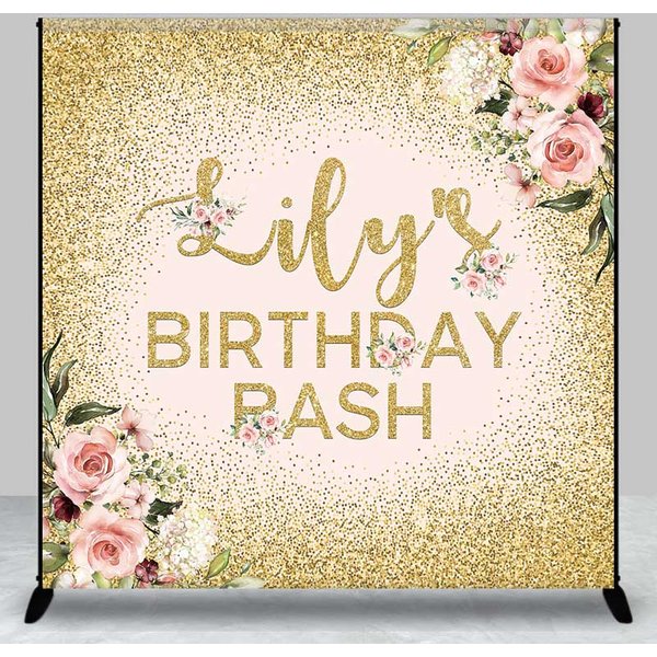 Aperturee Custom Birthday Bash Backdrop for Her, Elegant Pink and Gold Glitter Floral, Personalized Welcome Party Photo Prop, 3x3ft (WxH), 15 USD