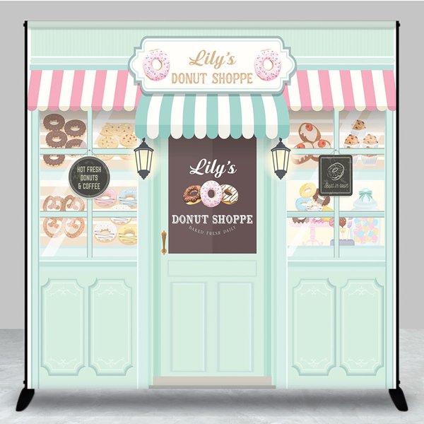 Aperturee Personalized Donut Shoppe Birthday Backdrop, Custom Name Pastry Storefront, Two Sweet Party Photo Booth Decor, 3x3ft (WxH)