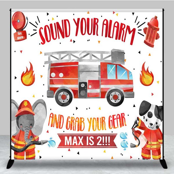 Aperturee Firefighter Second Birthday Backdrop, Sound Your Alarm Fire Truck Banner, Custom Name Little Fireman is 2 Party Decor, 3X3FT(1X1M), 15