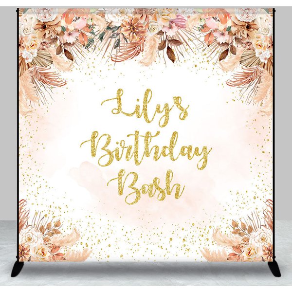 Aperturee Custom Birthday Bash Backdrop for Her, Boho Pampas Grass and Dried Flowers, Personalized Gold Glitter Photo Prop, 3x3ft (Wx