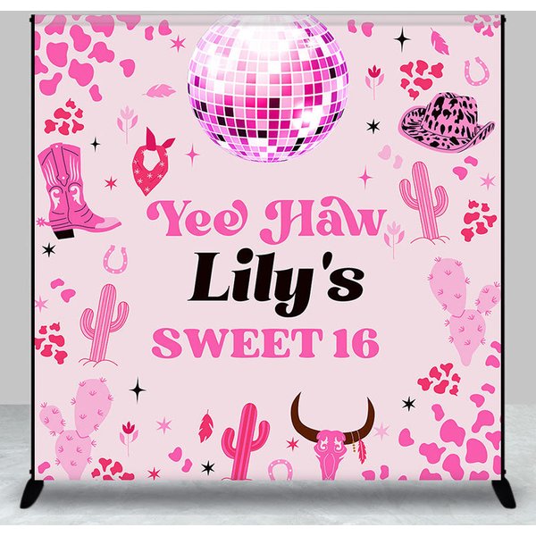 Aperturee Pink Disco Ball Cowgirl Custom Name Sweet 16 Backdrop, 3X3FT(1X1M), 15 USD, custom birthday backdrops, DZLH0F447-O