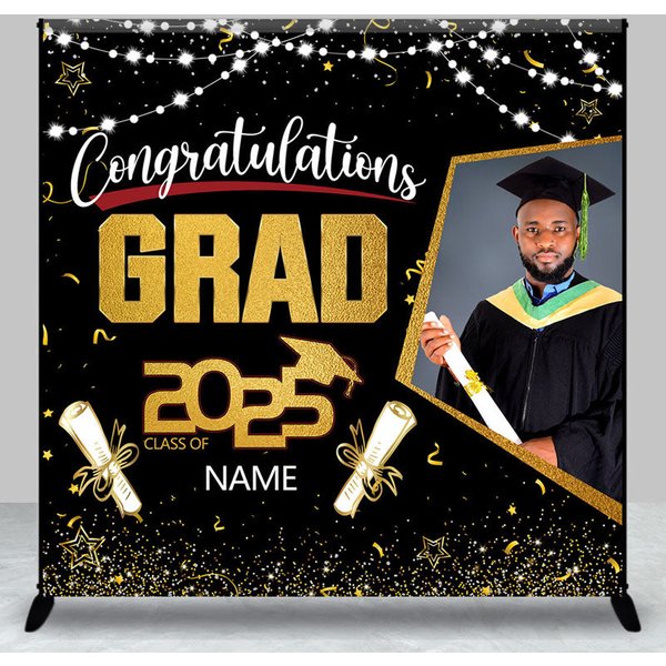 Aperturee Black Gold Congrats Grad Custom Photo Name Backdrop, 3X3FT(1X1M), 15 USD, custom graduation backdrops, DZYZ1P83-O