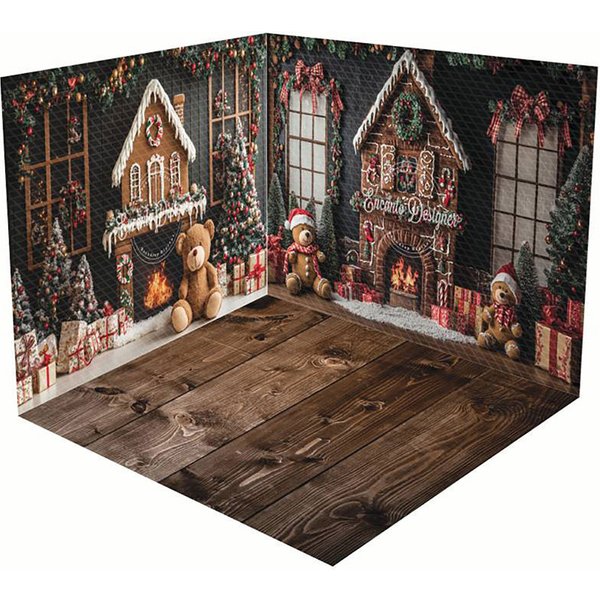 Aperturee Green Christmas Wall Fireplace Bear Room Set Backdrop | Diy Christmas Backdrop | Winter Wonderland Backdrop | Christmas Photo Booth Backdrop