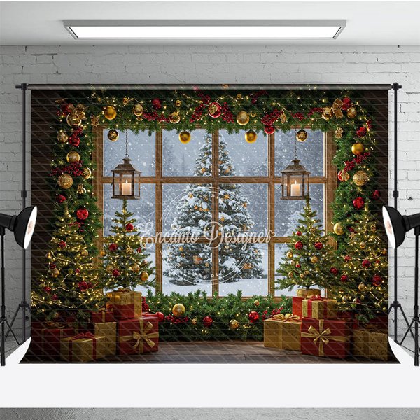 Aperturee Cozy Christmas Window Photography Backdrop, Snowy View with Garland and Lanterns, Rustic Holiday Photo Background, 3x2ft (WxH)