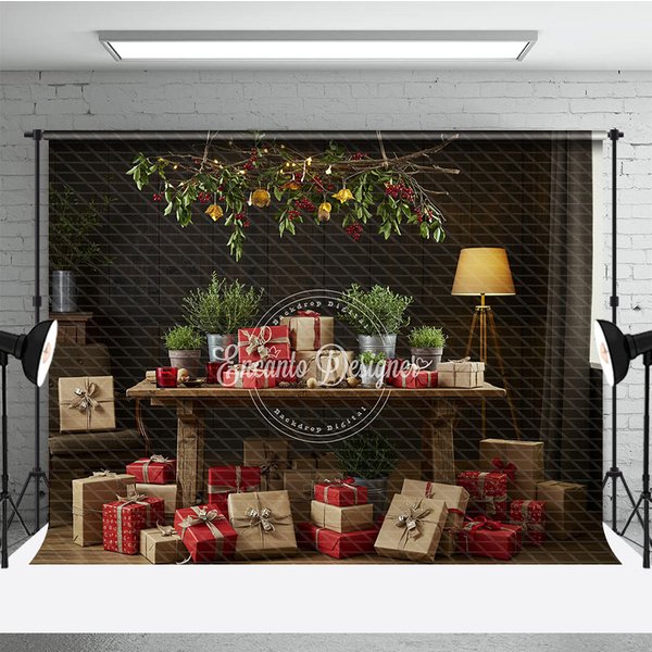Aperturee Moody Rustic Christmas Photography Backdrop, Dark Wood Room with Presents, Natural Holiday Mini Session Background, 3x2ft (WxH)