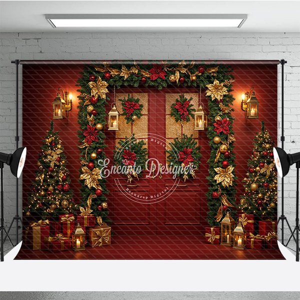 Aperturee Elegant Red Christmas Door Photography Backdrop, Red and Gold Poinsettia Garland, Luxury Holiday Photo Background, 3x2ft (WxH)