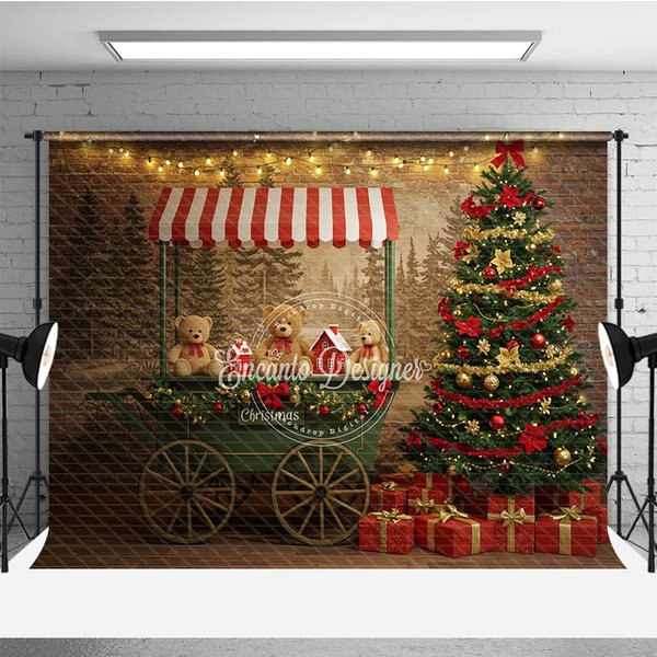Aperturee Christmas Market Cart Photography Backdrop, Teddy Bears and String Lights, Rustic Holiday Mini Session Background, 3x2ft (WxH)