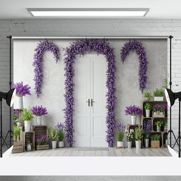 Aperturee Violet Floral Arched Door Elegant Spring Backdrop, 3X2FT(1MX0.6M), 14 USD, spring backdrops, ENHD2L49-M