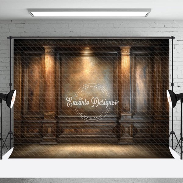 Aperturee Moody Vintage Wood Panel Photography Backdrop, Dark Ornate Wall with Spotlight, Retro Library Photo Background, 3x2ft (WxH)
