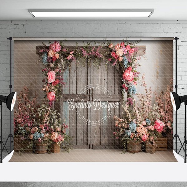 Aperturee Rustic Barn Door Photography Backdrop, Spring Floral Arch with Pink Roses, Farmhouse Wedding Photo Background, 3x2ft (WxH)