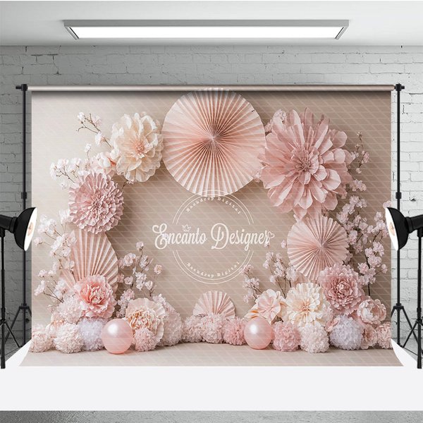 Aperturee Blush Pink Paper Fan and Flower Photography Backdrop, Neutral Tones for Wedding, Bridal Shower Photo Booth Decor, 3x2ft (WxH)