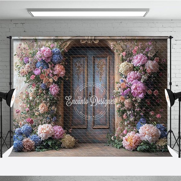 Aperturee Fine Art Floral Door Photography Backdrop, Rustic Wood Door with Colorful Flowers, Painterly Photo Background, 3x2ft (WxH)