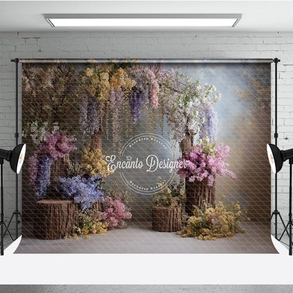 Aperturee Enchanted Wisteria Photography Backdrop, Rustic Wood Stumps with Spring Flowers, Fine Art Painterly Background, 3x2ft (WxH)