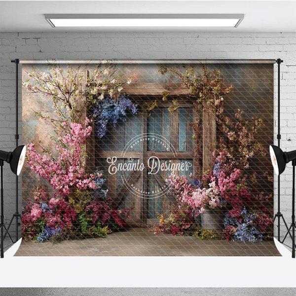 Aperturee Moody Floral Door Photography Backdrop, Rustic Wood Door with Spring Flowers, Fine Art Painterly Background, 3x2ft (WxH)