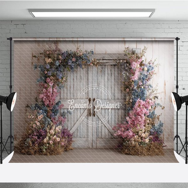Aperturee Fine Art Floral Barn Door Photography Backdrop, Rustic Wood Doors with Spring Flowers, Painterly Photo Background, 3x2ft (WxH)