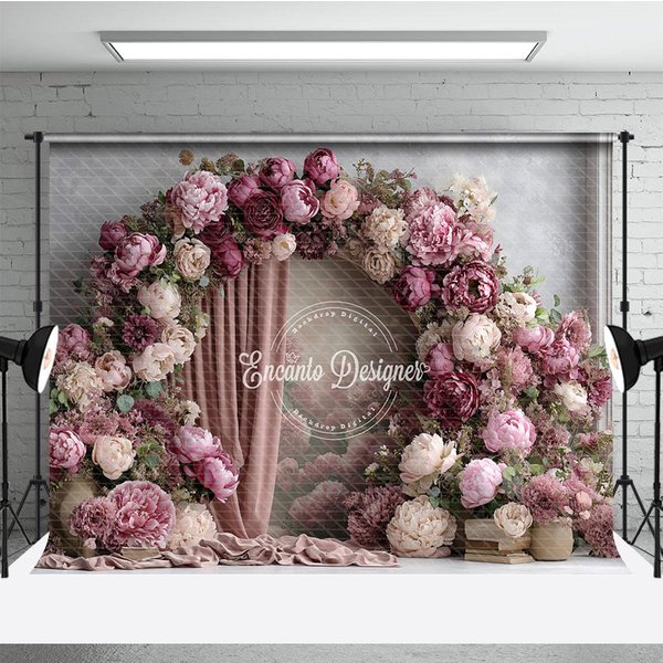Aperturee Pink Peony Floral Arch Photography Backdrop, Elegant Wedding or Bridal Shower, Pink Curtain Photo Background, 3x2ft (WxH)