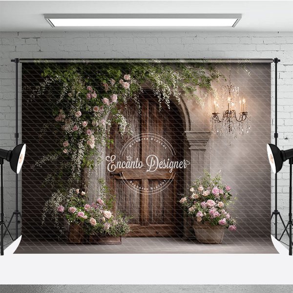 Aperturee Rustic Wood Door Photography Backdrop, Climbing Pink Roses and Chandelier, Farmhouse Wedding Photo Background, 3x2ft (WxH)