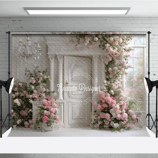 Aperturee Elegant White Door Photography Backdrop, Pink Climbing Roses and Chandelier, Romantic Wedding Photo Background, 3x2ft (WxH)