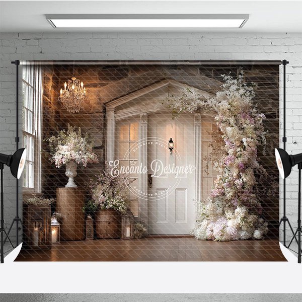 Aperturee Rustic Wedding Backdrop, White Door on Stone Wall, Pink Floral Arch Photography Background for Bridal Shower