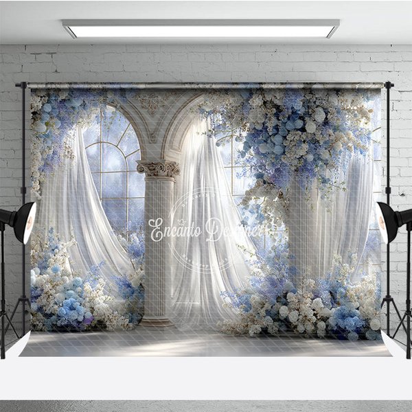 Aperturee Elegant Wedding Arch Backdrop, Blue and White Floral Window, Sheer Curtains Photography Background Props Studio