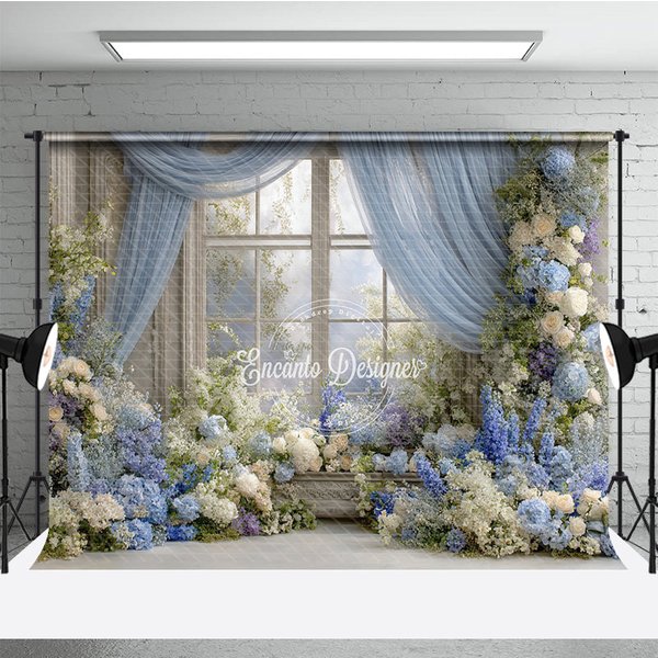 Aperturee Floral Wedding Window Backdrop, Blue Drapes with Hydrangea Rose, Elegant Bridal Shower Photography Props Studio