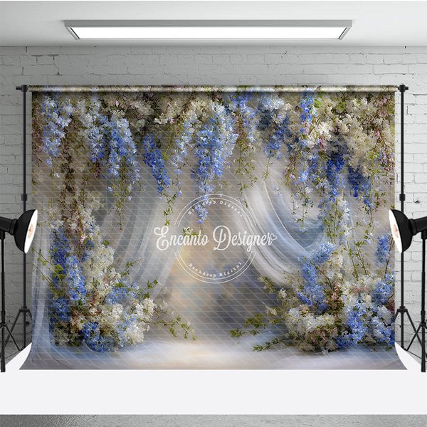 Aperturee Blue and White Wisteria Floral Backdrop, Sheer Curtains Wedding Background, Elegant Bridal Shower Photo Props