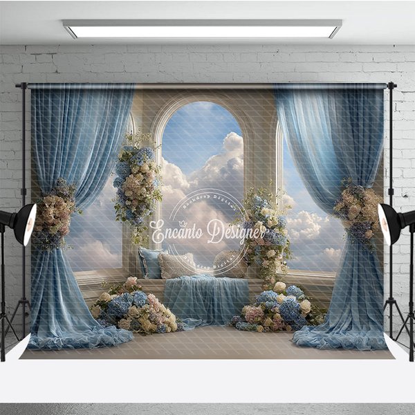 Aperturee Heavenly Window Seat Backdrop, Blue Drapes with Sky View, Elegant Wedding Floral Photography Background Studio